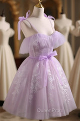 Aline Lace Short Purple Evening Prom Dresses, Puffy Purple Homecoming Dresses
