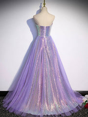 Aline Purple Sweetheart Neck Tulle Long Evening Prom Dresses, Purple Evening Dresses