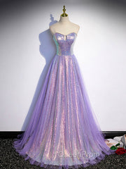 Aline Purple Sweetheart Neck Tulle Long Evening Prom Dresses, Purple Evening Dresses