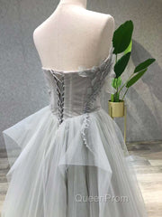 A line Tea Length Gray Evening Prom Dresses, Gray Tulle Homecoming Dresses