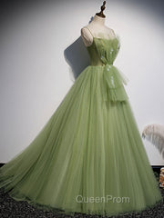 Aline Tulle Green Long Evening Prom Dresses, Green Evening Graduation Dresses with Beading