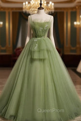 Aline Tulle Green Long Evening Prom Dresses, Green Evening Graduation Dresses with Beading