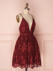 Aline v neck tulle lace short burgundy Evening Prom Dresses, backless burgundy homecoming Dresses