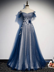 Amazing Blue Tulle Sequins Off the Shoulder Beading Prom Dress