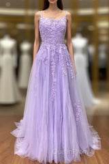 Amazing Lilac Straps Long Lace Evening Prom Dresses With Appliques