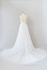 Amazing Long A-line Chapel Train Appliques Tulle Backless Wedding Dresses