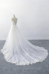 Amazing Long A-line V-neck Ruffle Appliques Tulle Wedding Dresses