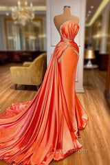 Amazing Orange Crystal Mermaid Evening Prom Dresses With Detachable Train