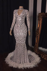 Amazing Sequins V-neck Long Sleeve Mermaid Evening Prom Dresses
