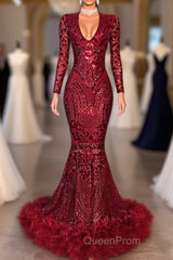 Amazing Sequins V-neck Long Sleeve Mermaid Evening Prom Dresses