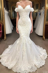 Amazing Sweetheart Mermaid White Wedding Dresses Off the shoulder Lace Bridal Gowns Online