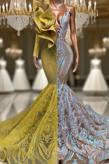 Amazing V-Neck One Shoulder Long Sleeve Long Mermaid Evening Prom Dresses