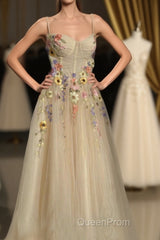 Ankle Length Tulle Straps Evening Prom Dresses with Flowers, A Line Party Gown