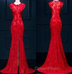 Appliques Lace Mermaid Evening Dresses, Sexy Red Long Evening Prom Dresses