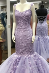 Appliques Mermaid Backless Lavender Straps Purple Lace Evening Prom Dresses
