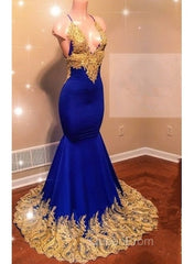 Appliques Spaghetti Sleeveless V-neck Mermaid Evening Prom Dresses