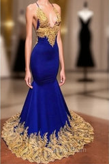 Appliques Spaghetti Sleeveless V-neck Mermaid Evening Prom Dresses