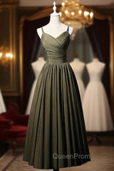Army Green Satin Spaghetti Straps Pleats Evening Prom Dresses