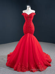 At Great Prices Red Mermaid Tulle Off the Shoulder Handwork Prom Dress