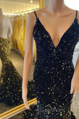 Open Back Sequin Mermaid V Neck Long Evening Prom Dresses
