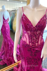 Fuchsia Mermaid Sequined Embroidery Tulle Long Evening Prom Dresses