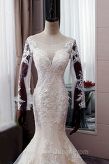 Autumn Long Sleevess Mermaid Lace appliques Ivory Wedding Dresses