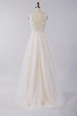 Awesome Long A-line Appliques Lace Tulle Open Back Wedding Dresses