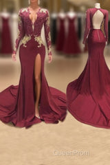 Awesome V-neck Long Sleeve High Slit Mermaid Evening Prom Dresses