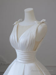 White V-Neck Satin Long Formal Dress, Elegant A-Line Wedding Party Dress