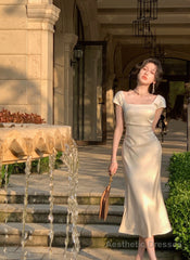 Party Midi Dresses for Women Summer Square Collar Slim Prom Female Clothes Wedding Evening Satin Dress