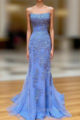 Backless Blue Lace Mermaid Evening Prom Dresses, Open Back Lace Mermaid Evening Dresses