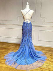 Backless Blue Lace Evening Prom Dresses, Open Back Blue Lace Evening Graduation Dresses