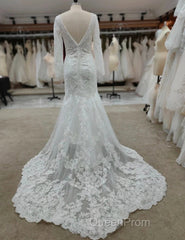 Backless Bohemian Simple V-Neck Long Sleeve Lace Wedding Dresses With Train