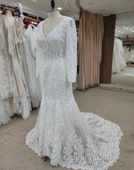 Backless Bohemian Simple V-Neck Long Sleeve Lace Wedding Dresses With Train