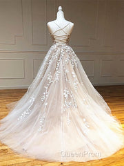 Backless Champagne Lace Wedding Dresses, Backless Champagne Lace Formal Evening Prom Evening Dresses