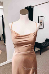 Backless Champagne Long Evening Prom Dresses with High Slit, Long Champagne Formal Graduation Evening Dresses