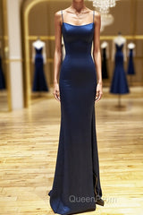 Backless Dark Navy Blue Long Evening Prom Dresses, Dark Navy Blue Formal Graduation Evening Dresses