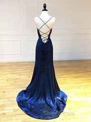 Backless Dark Navy Blue Long Evening Prom Dresses, Dark Navy Blue Formal Graduation Evening Dresses