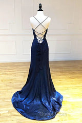 Backless Dark Navy Blue Long Evening Prom Dresses Evening Dresses