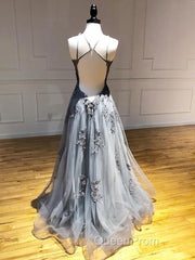 Backless Gray Lace Evening Prom Dresses, Backless Gray Lace Formal Evening Graduation Dresses
