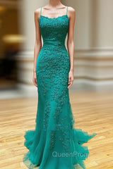 Backless Green Lace Mermaid Evening Prom Dresses, Open Back Mermaid Lace Evening Dresses