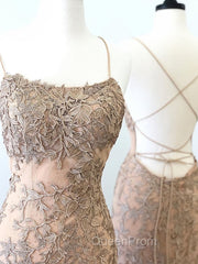 Backless Mermaid Champagne Lace Evening Prom Dresses, Champagne Backless Mermaid Lace Evening Dresses