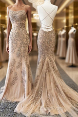 Backless Mermaid Champagne Lace Evening Prom Dresses, Champagne Backless Mermaid Lace Formal Evening Dresses