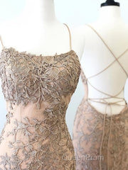 Backless Mermaid Champagne Lace Evening Prom Dresses, Champagne Backless Mermaid Lace Formal Evening Dresses