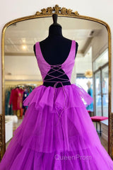 Backless Purple High Low Evening Prom Dresses, Open Back Purple High Low Formal Evening Dresses