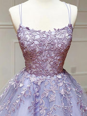 Backless Purple Lace Evening Prom Dresses, Open Back Purple Lace Formal Evening Dresses