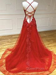 Backless Red Lace Evening Prom Dresses, Open Back Red Lace Evening Dresses