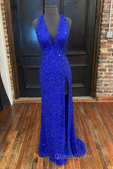 Backless Royal Blue Sequin Evening Prom Gown with Slit,Formal Dresses with Sequins