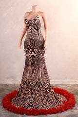 Backless Sequins Mermaid Evening Prom Dresses Burgundy Party Evening Dresses with Feather Chapel Train
