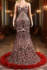 Backless Sequins Mermaid Evening Prom Dresses Burgundy Party Evening Dresses with Feather Chapel Train
